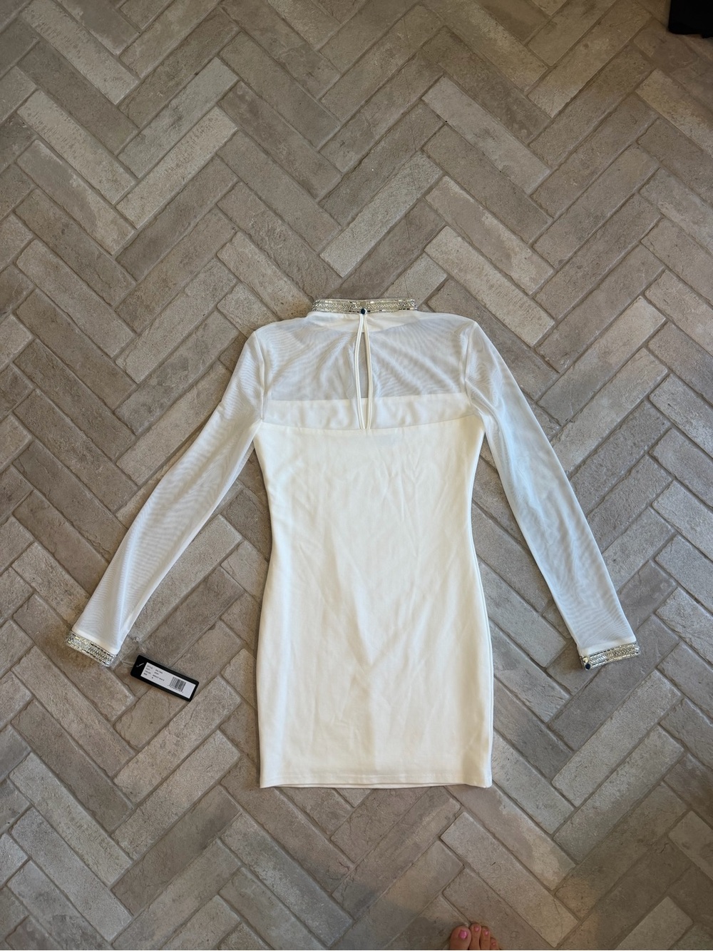 bebe Crystal Mesh Mini Dress Bright White NWT Size S Rhinestone Bodycon - Picture 10 of 13